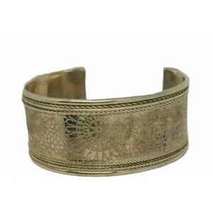 Silver Tone Cuff Bracelet Floral Etched Bangle Braided Detail Boho  Flower